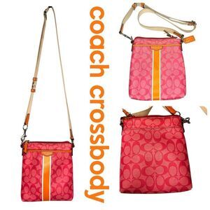 Coach Signature Stripe Crossbody Bag Pink Orange Canvas Leather Trim